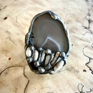 Large AGATE, fresh water PEARLS and 925 Sterling Silver Statement Ring by AMW